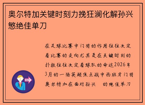 奥尔特加关键时刻力挽狂澜化解孙兴慜绝佳单刀