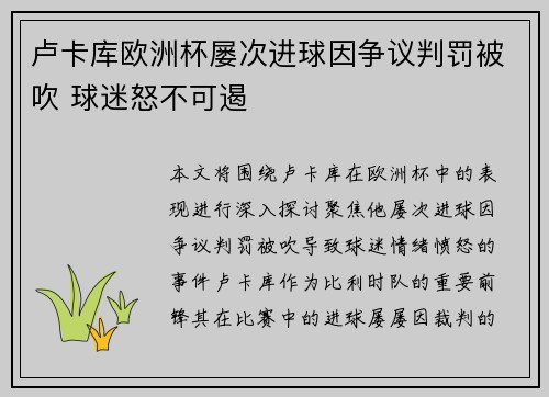 卢卡库欧洲杯屡次进球因争议判罚被吹 球迷怒不可遏